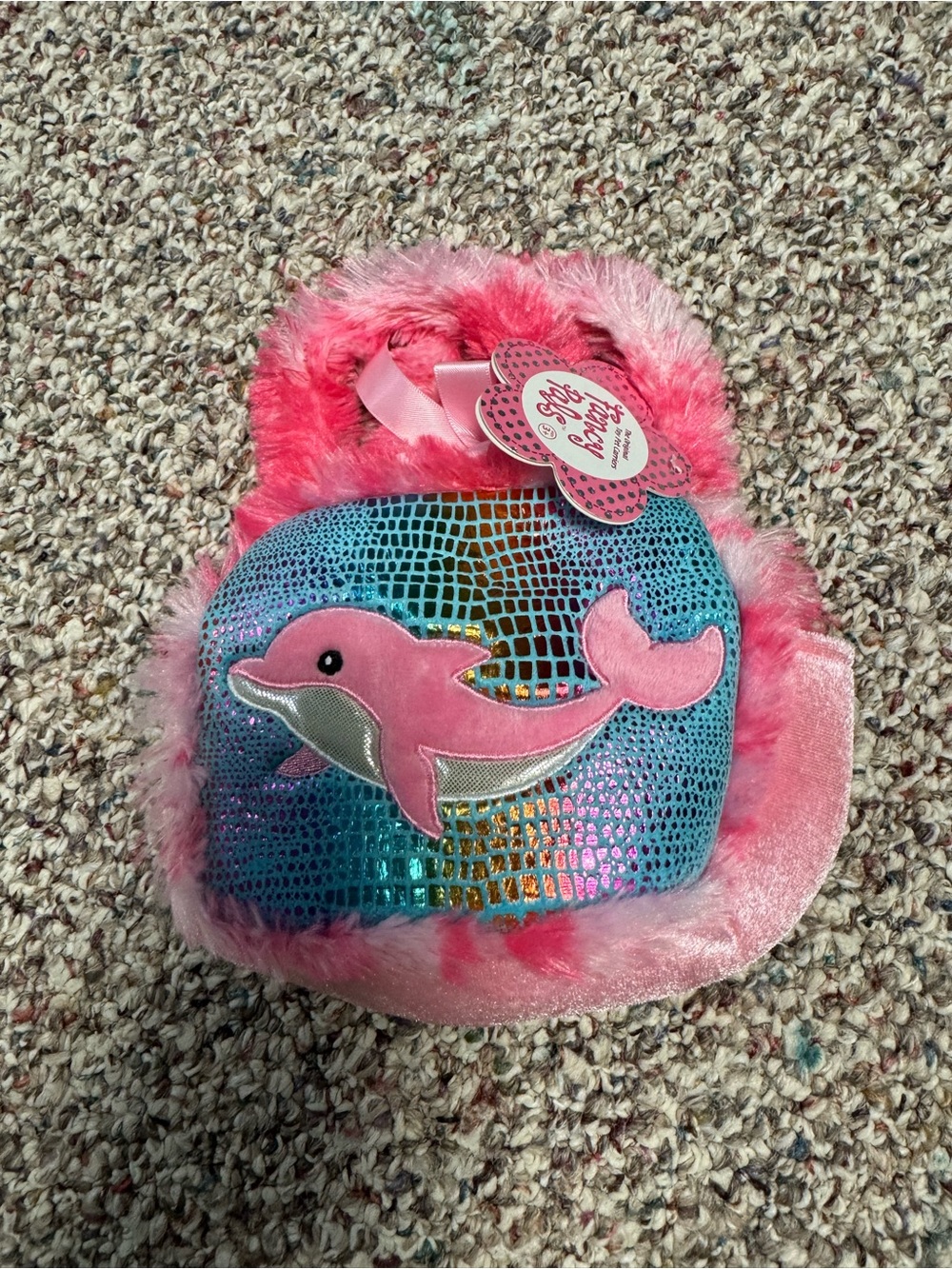 Pink Dolphin Plush Kids Handbag with Shimmer Blue Panel